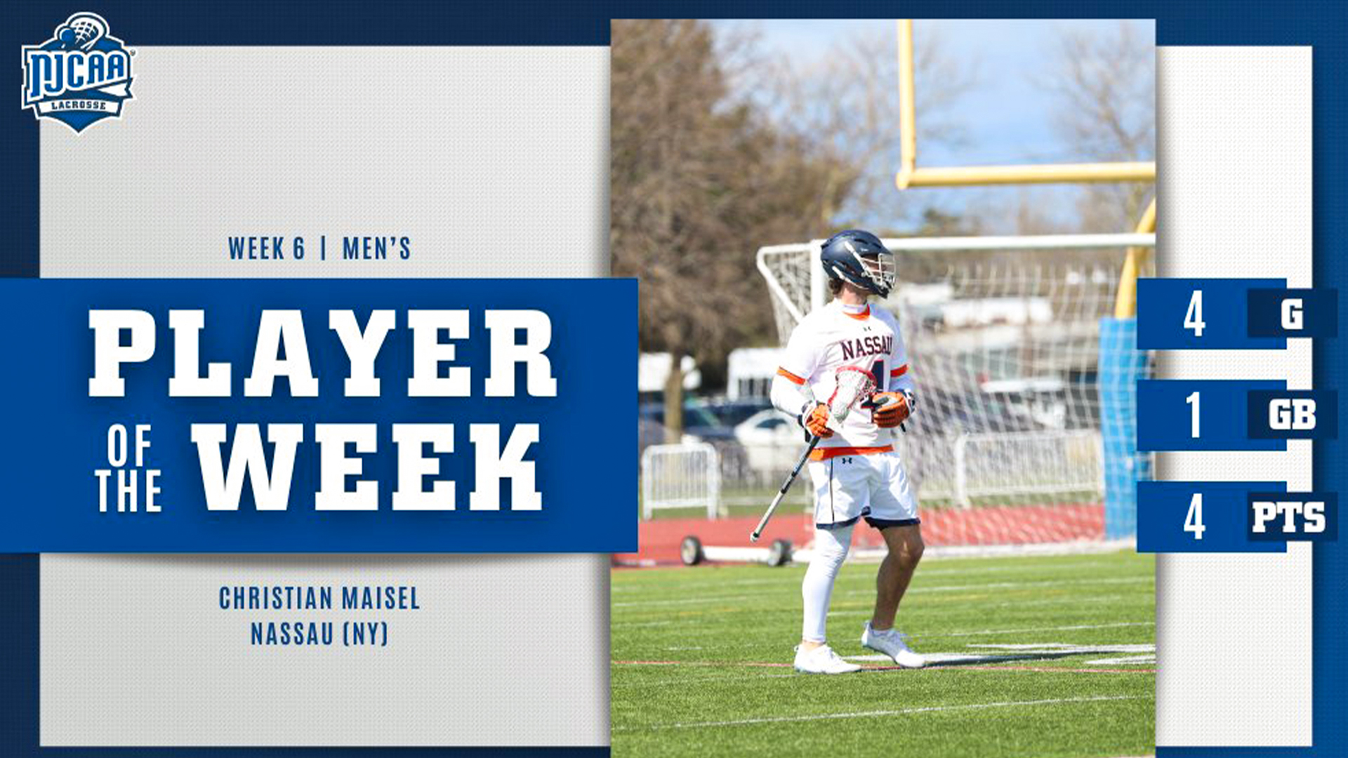 Nassau Community College Lacrosse's Christian Maisel Captures NJCAA Lacrosse Player Of The Week Honors